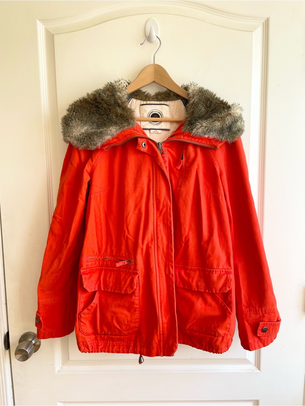 Daughters Of The Liberation Red Orange Jacket Faux Fur Hood S Boxy Fit new girl